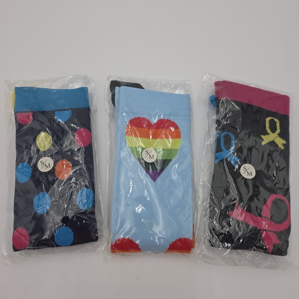 3 Pair S/M Adult Knee High Compression Socks Multicolor Polka Dot, Heart, Ribbon